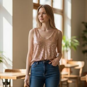 Grace Karen NEW Sequin Sleeveless Rose Gold Top w/Side Zippers V-Neck Haltered